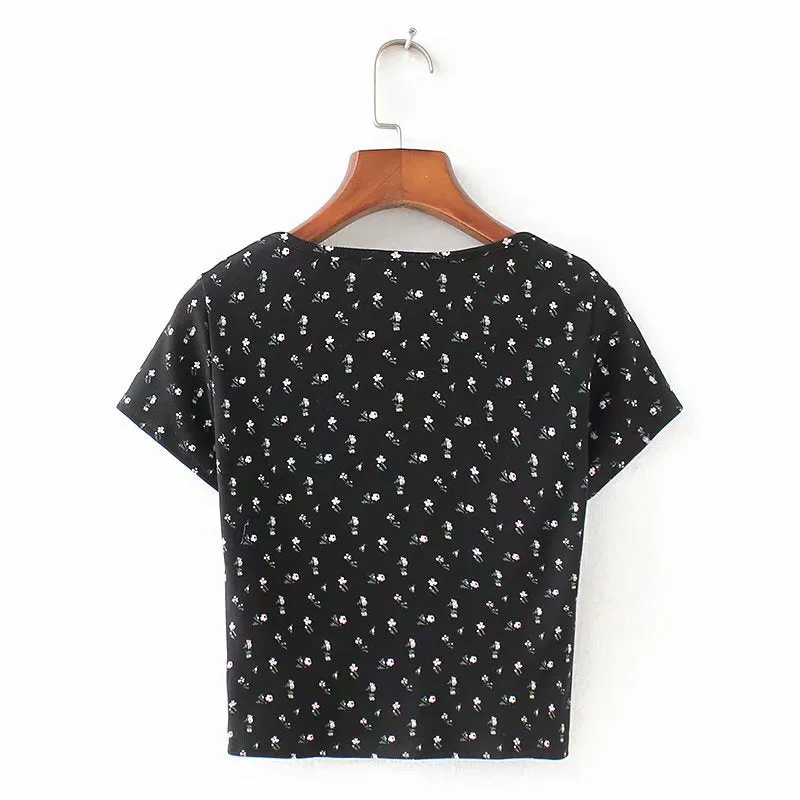 Ribbed Floral Short Sleeve Button Up Crop Top Tee Shirt