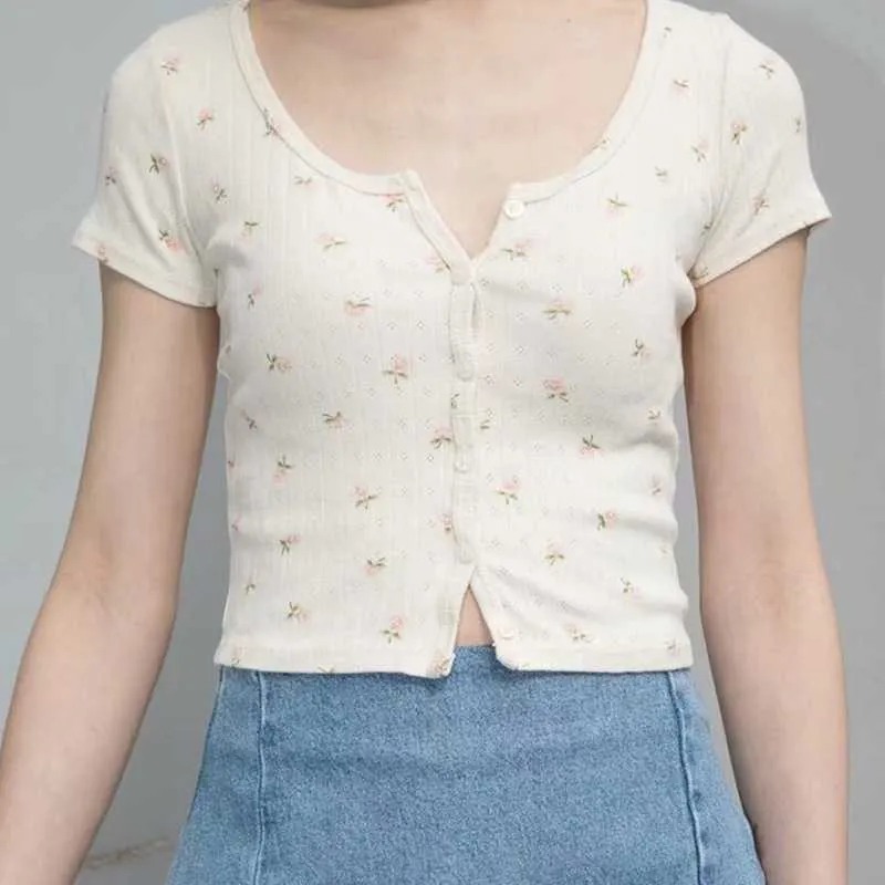 Ribbed Floral Short Sleeve Button Up Crop Top Tee Shirt