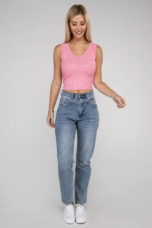 Ribbed Scoop Neck Cropped Sleeveless Top