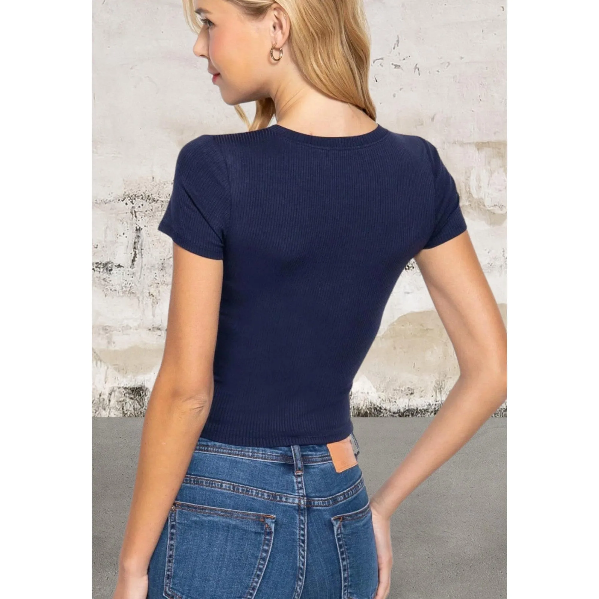 Short Sleeve Crew Neck Rib Navv Crop Top