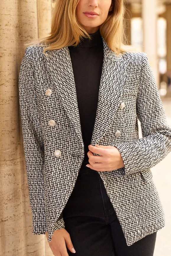 Solid Gold Double-Breasted Tweed Blazer Jacket Black & White