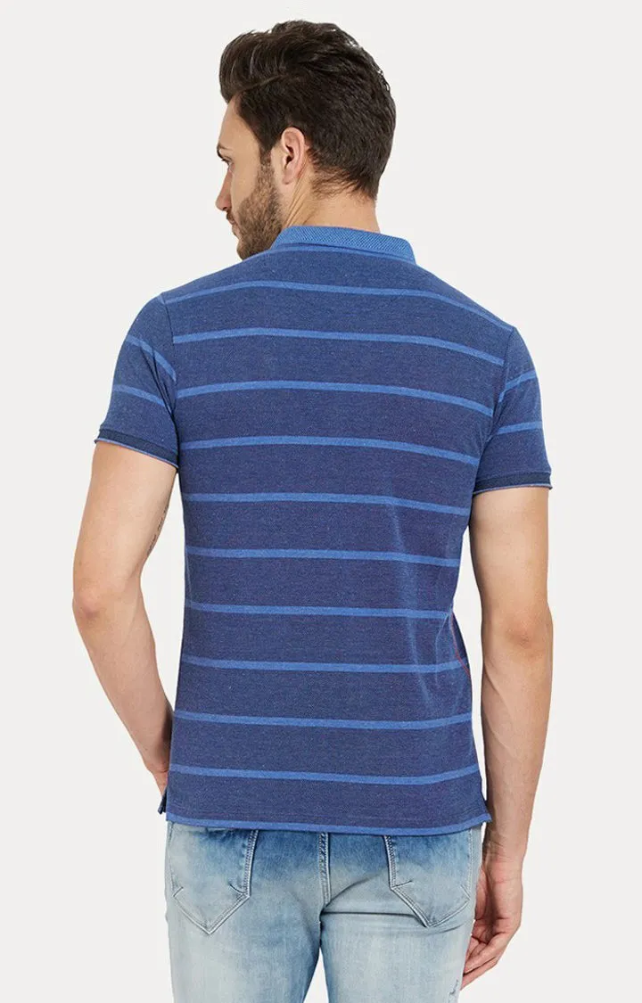 Spykar Blue Striped Slim Fit Polo T-Shirt