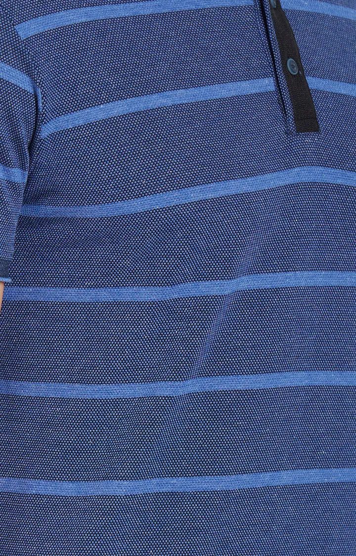 Spykar Blue Striped Slim Fit Polo T-Shirt