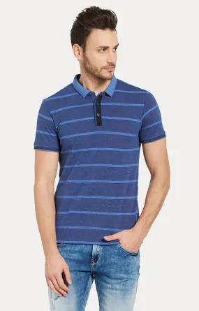 Spykar Blue Striped Slim Fit Polo T-Shirt