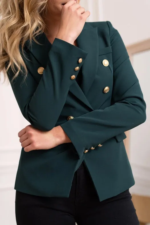 Timeless Fitted Double-Breasted Suit Jacket with Gold Buttons  Bottle Green