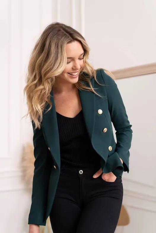 Timeless Fitted Double-Breasted Suit Jacket with Gold Buttons  Bottle Green