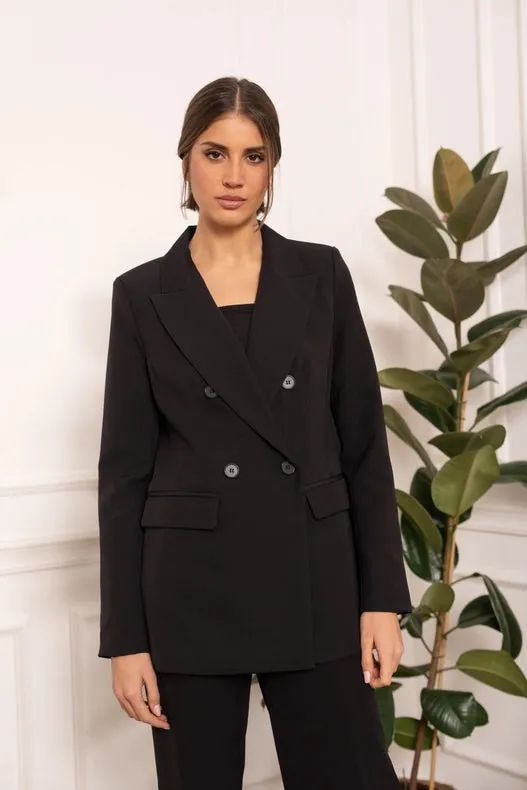 Timeless Mid-Length Double-Breasted Plain Jacket Black