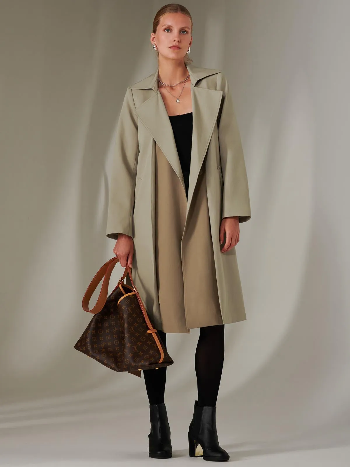 Two Tone Contrast Trench Coat, Khaki