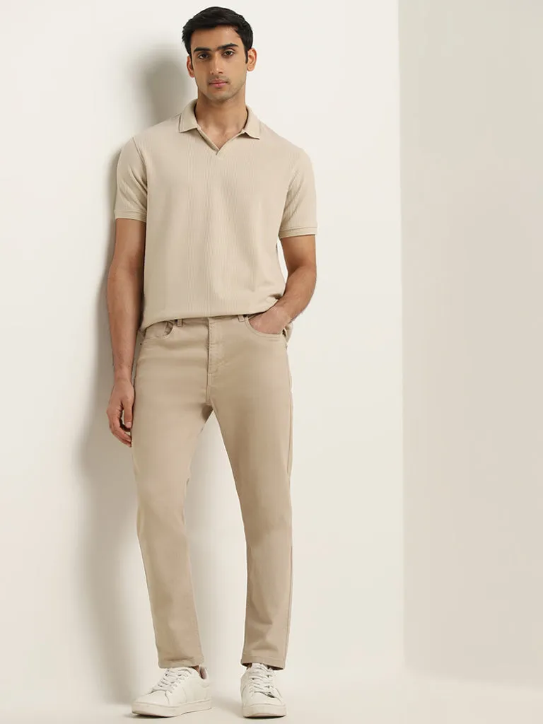 WES Casuals Beige Knitted Relaxed-Fit Cotton Polo T-Shirt