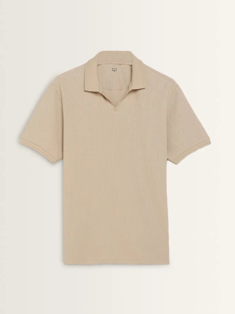 WES Casuals Beige Knitted Relaxed-Fit Cotton Polo T-Shirt