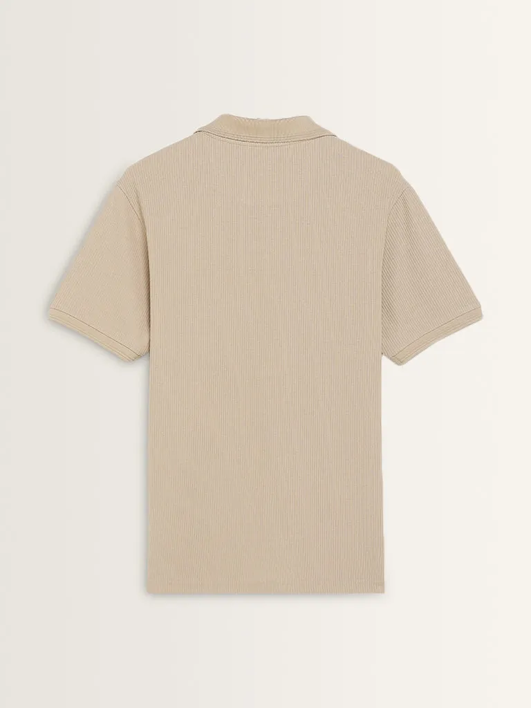 WES Casuals Beige Knitted Relaxed-Fit Cotton Polo T-Shirt