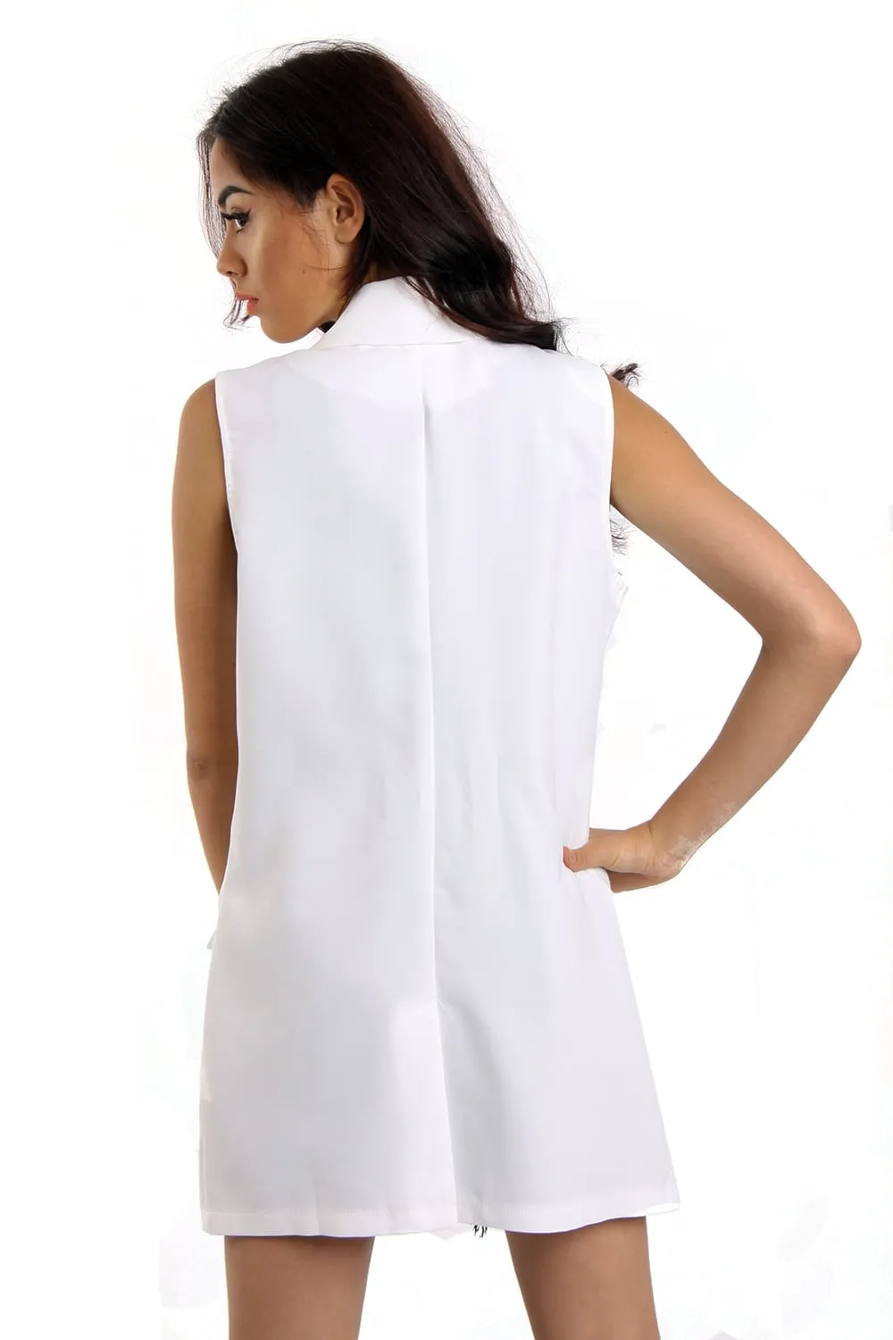 White Longline Sleeveless Jacket Waistcoat with Zip Pocket