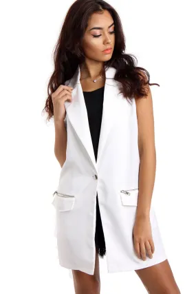 White Longline Sleeveless Jacket Waistcoat with Zip Pocket