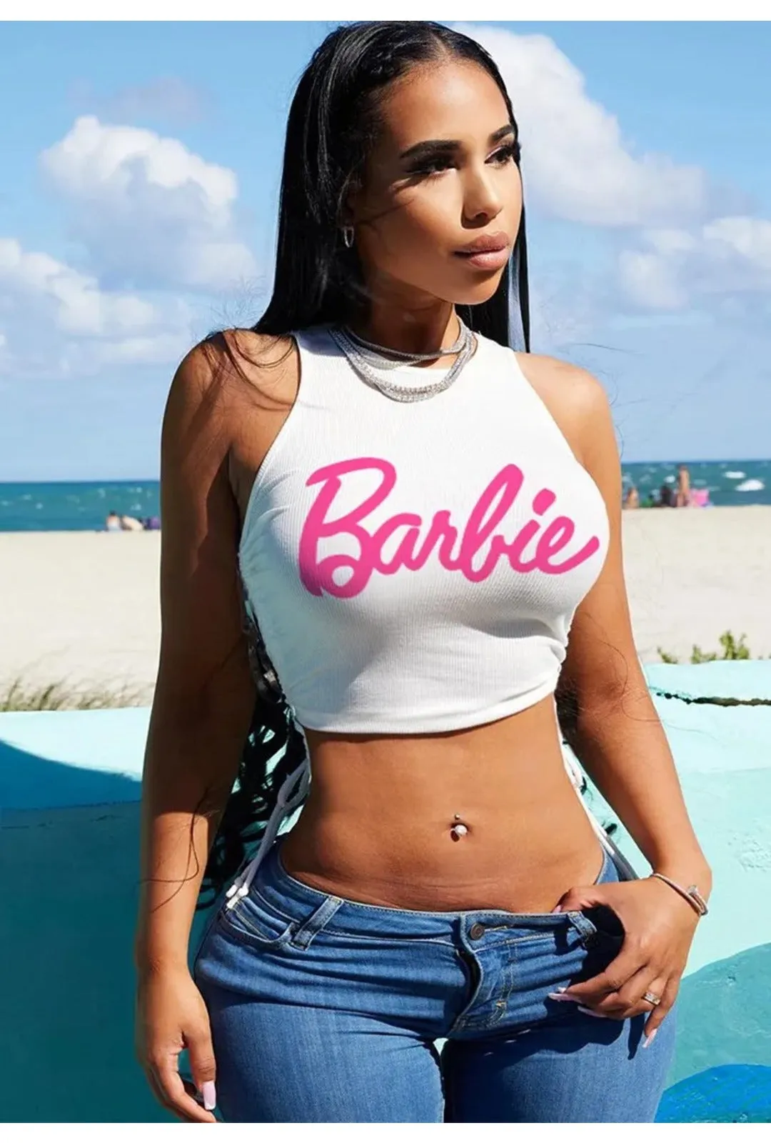 White Ribbed Barbie Crop Top